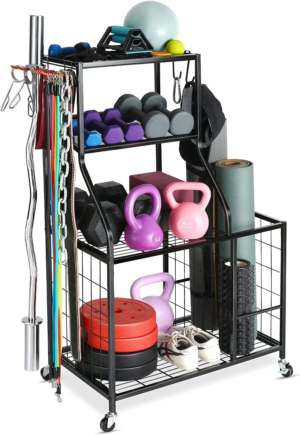 Weight Rack Home Gym Storage, Yoga Mat Storage Rack Workout Equipment Storage Rack for Dumbbells Kettlebells Resistance Band, Multifunction Exercise Equipment Gym Rack Organizer with Wheels and Hooks