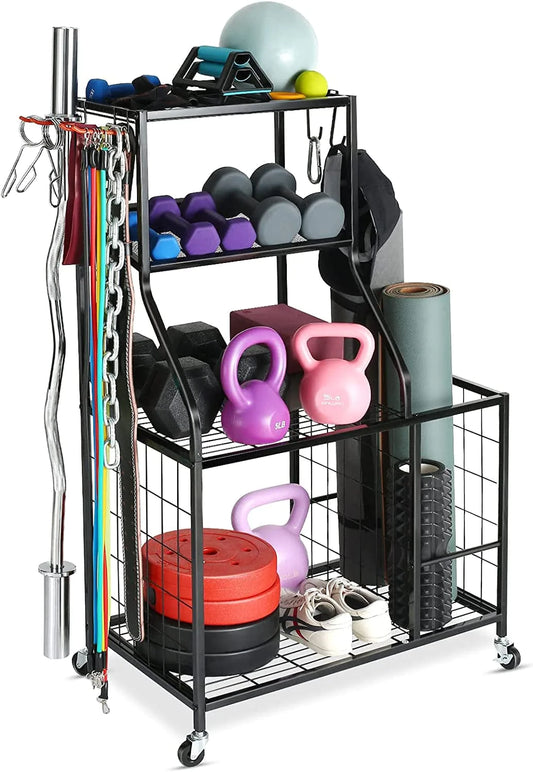 Weight Rack Home Gym Storage, Yoga Mat Storage Rack Workout Equipment Storage Rack for Dumbbells Kettlebells Resistance Band, Multifunction Exercise Equipment Gym Rack Organizer with Wheels and Hooks