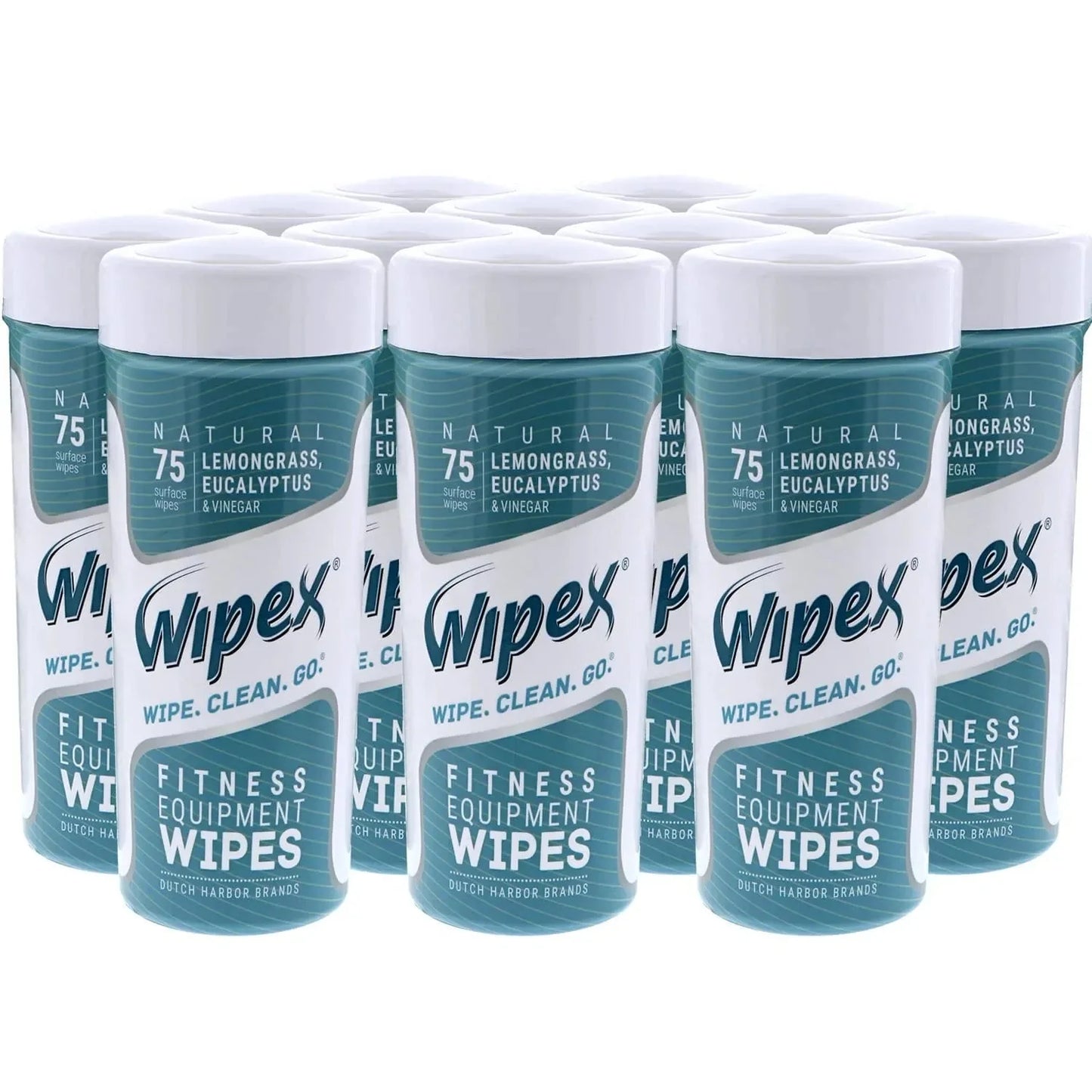 Wipex Natural Wipes for Fitness in Lemongrass & Eucalyptus, Gyms, Yoga, Peloton Cycles, Treadmills and Home, 75 Wipes per Canister (12 Canisters)