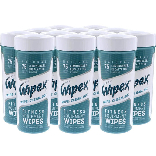 Wipex Natural Wipes for Fitness in Lemongrass & Eucalyptus, Gyms, Yoga, Peloton Cycles, Treadmills and Home, 75 Wipes per Canister (12 Canisters)