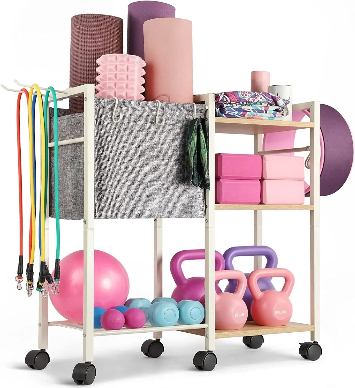Yoga Mat Storage Rack Home Gym Equipment Storage Organizer Yoga Mat Holder for Yoga Mat Foam Roller Dumbbells Kettlebells Resistance Bands and More Gym Accessories Women Men Workout Equipment Organization with Hooks and Wheels
