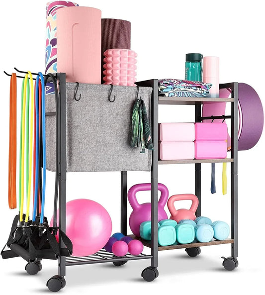 Yoga Mat Storage Rack Home Gym Equipment Storage Organizer Yoga Mat Holder for Yoga Mat Foam Roller Dumbbells Kettlebells Resistance Bands and More Gym Accessories Women Men Workout Equipment Organization with Hooks and Wheels