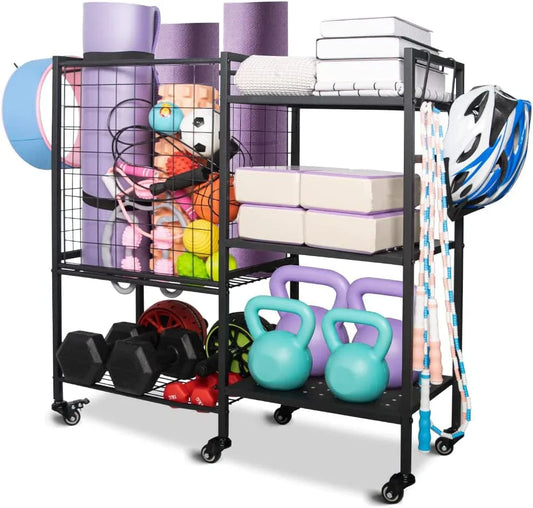 Yoga Mat Storage Racks, Home Gym Storage Rack for Yoga Mat, Yoga Ball, Dumbbell Kettlebells, Foam Roller and Resistance Bands, Workout Equipment Storage Organizer with Hooks and Wheels